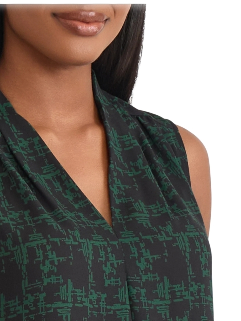 KASPER - PXL Sleeveless V-Neck Printed Shell Top - Green/Black - Picture 7 of 10